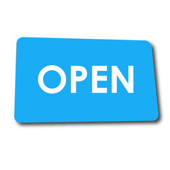 Icono plano OPEN en rectangulo azul con sombra