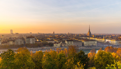 Fototapeta na wymiar Panoramic cityscape of Turin from above at sunset