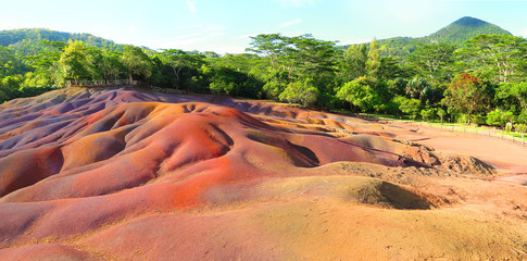Main sight of Mauritius, Chamarell, seven color lands. Natural parks off Mauritius Island. 