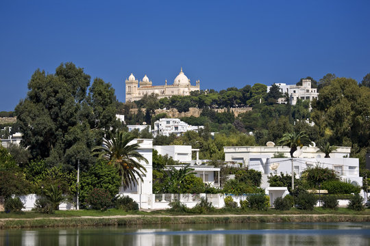 Tunisia. Carthage - Byrsa hill seen from lagoon of ancient Punic ports. There are Saint Louis cathedral and ruins of ancient Roman forum on the top, below modern urbanisation