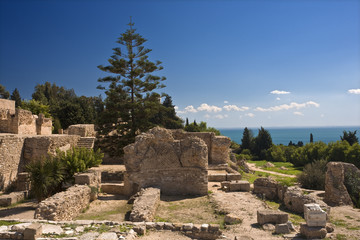 Fototapeta na wymiar Tunisia. Ancient Carthage - Byrsa hill. View on the gulf of Tunis from the Punic quarter