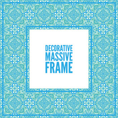 Decorative colorful square frame with lace ornament. Oriental style. Card template with place for logo and text. Vintage vector background, sky blue