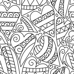 Hand drawn artistically ethnic ornamental seamless pattern with heart and romantic doodle elements of St. Valentine's day, zentangle vector illustration for coloring book, pages, t-shirt or prints.