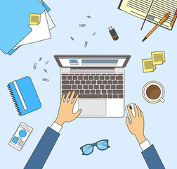 Businessman Workplace Desk Hands Working LaptopBusiness Man Top Angle Above View Office 
