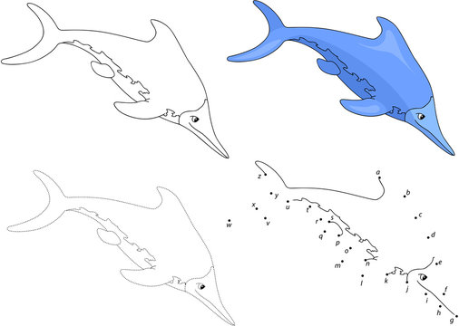 Cartoon ichthyosaur. Coloring book and dot to dot game for kids