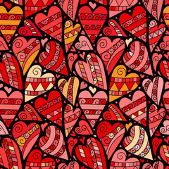 Vector Doodle Hearts Seamless Pattern Background with many red on black hand drawn hearts. Perfect for Valentine's Day design.