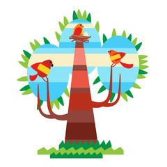 Plakaty  Kolorowe Drzewo Z Ptakami Płaska Konstrukcja