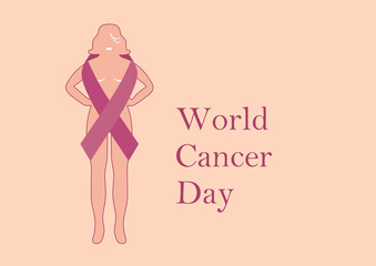 World Cancer Day. Woman silhouette with pink ribbon. Breast Cancer Awareness Ribbons.