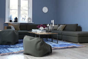 Cozy Blue Living Room with Sofa and Beanbag Chairs