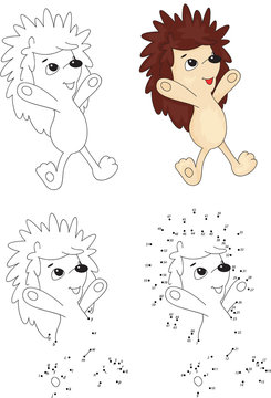 Cartoon hedgehog jumping. Coloring book and dot to dot game for