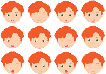 Red-haired boy emotions: joy, surprise, fear, sadness, sorrow, c
