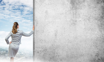 Woman and concrete empty banner