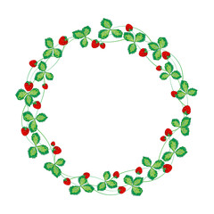 Vector banner design with strawberry and place for text. Floral Frame. Cute retro strawberries and leaves arranged un a shape of the wreath perfect for wedding invitations and birthday cards