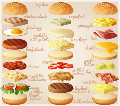 Burgers set. Ingredients: buns, cheese, bacon, tomato, onion, lettuce, cucumbers, pickle onions, beefs, ham. Vector illustration.