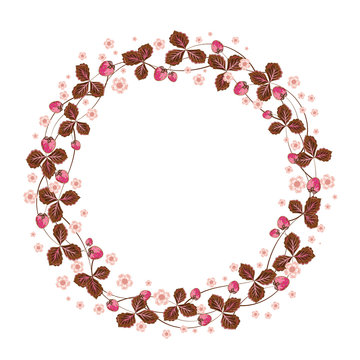 Vector banner design with strawberry and place for text. Floral Frame. Cute pink brown strawberries and leaves arranged un a shape of the wreath perfect for wedding invitations and birthday cards