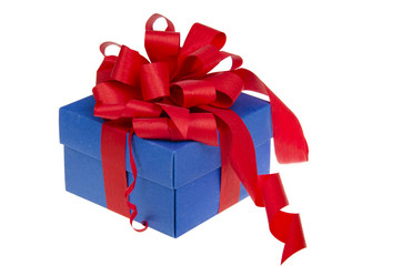 Blue gift with red ribbon isolated in white