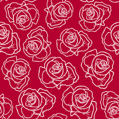 Contour roses flowers pattern seamless on red background