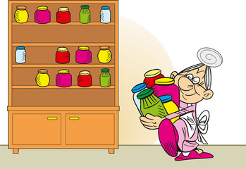 The illustration shows grandmother in an apron, she is puts in the cupboard canned goods