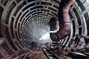 Zelfklevend Fotobehang Abandoned subway tunnel. Kiev, Ukraine. Kyiv, Ukraine © Oleg Totskyi