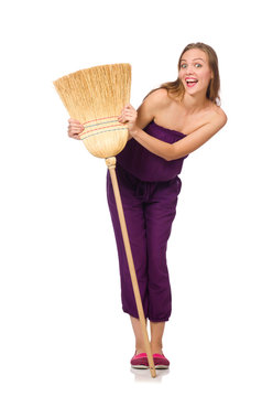 Housewife with broom isolated on white