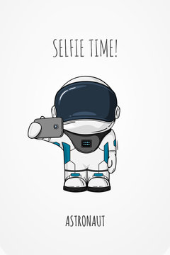 Vector illustration of cosmonaut with smartphone in hand. Design concept. photos myself. selfie time.  character.