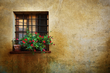 Fototapeta na wymiar Window at the Pienza city wall, Italy, Tuscany. Romantic travel grunge floral background.