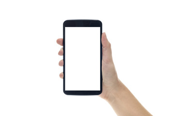 Hand Holding Large Smartphone on Blank White Background