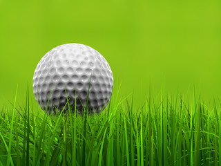 Green fresh natural 3d conceptual grass field on blur background with a white golf ball at horizon