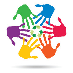 Concept circle of hands, green recycle symbol