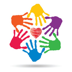 Concept circle of hands, red heart love symbol