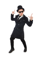 Young detective in black coat isolated on white