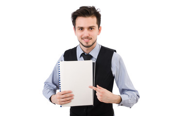 Office employee holding paper isolated on white