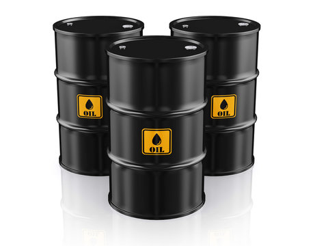 Black Metal Oil Barrels on White Background.