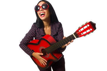 Woman guitar player isolated on white