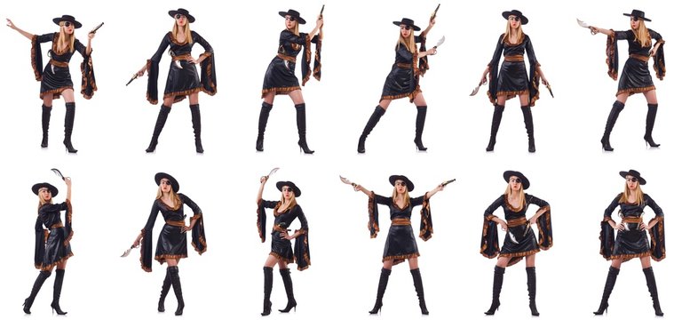 Woman Pirate In Various Poses On White