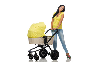 Woman with baby and pram isolated on white