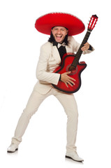 Funny mexican in suit holding guitar isolated on white