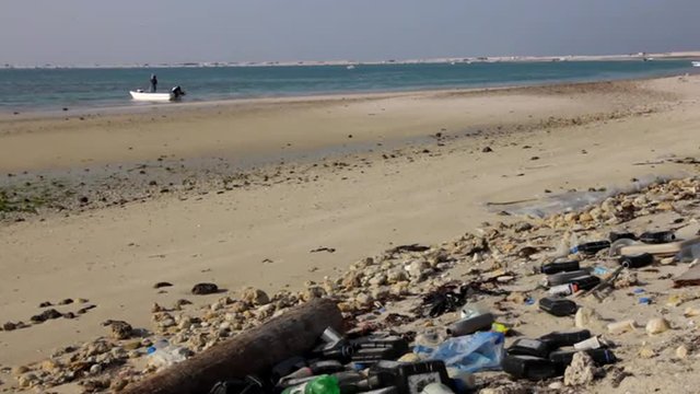 Trash on the beach beside the sea.