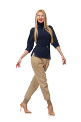 Fototapeta premium Tall woman in blue pullover isolated on white
