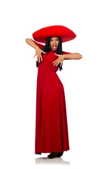 Fototapeta premium Woman wearing sombrero dancing on the white