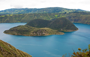 Fototapeta premium View of the Cuicocha lake and volcano crater, with its center islands. Cuicocha, Ecuador, South America.