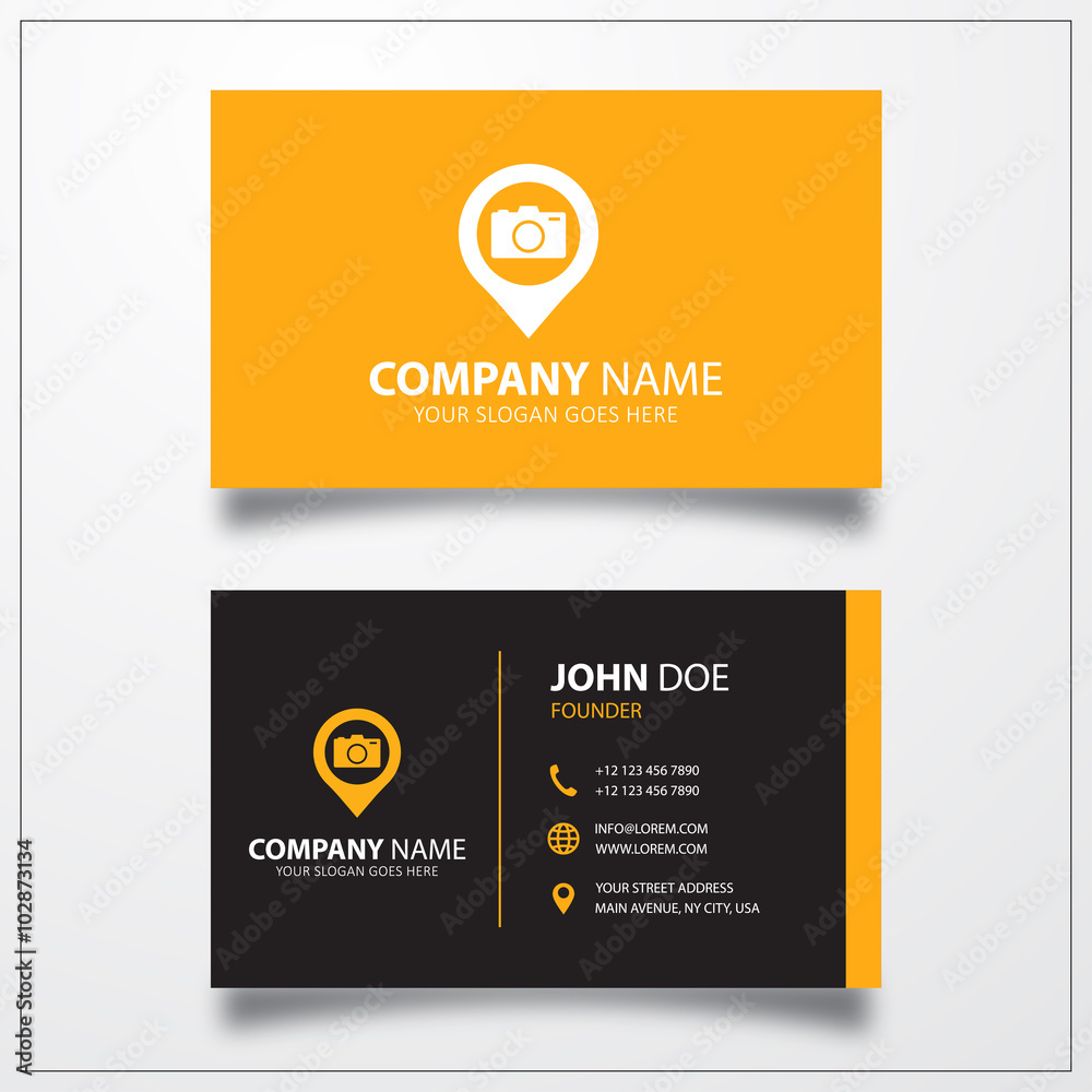 Sticker camera with pin icon. business card template