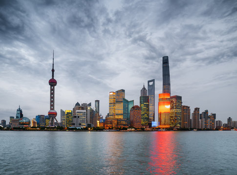 Evening view of Pudong skyline (Lujiazui), Shanghai, China