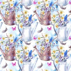 Seamless pattern with daffodils, violets, pussy-willow, pansies,