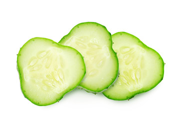 Fresh green ripe slices of cucumber isolated on white background. Design element for product label, catalog print, web use.