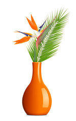 Strelitzia reginae, bird of paradise flower with palm leaf in vase isolated on white background