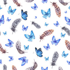 Watercolor seamless background with feathers and blue butterflie