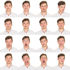 short and black hair mustache young caucasian man collection set of face expression like happy,...