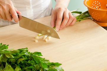 Female Hand Chopping Green Onions