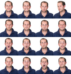 Fototapeta premium short hair brunette adult casual caucasian man collection set of face expression like happy, sad, angry, surprise, yawn isolated on white
